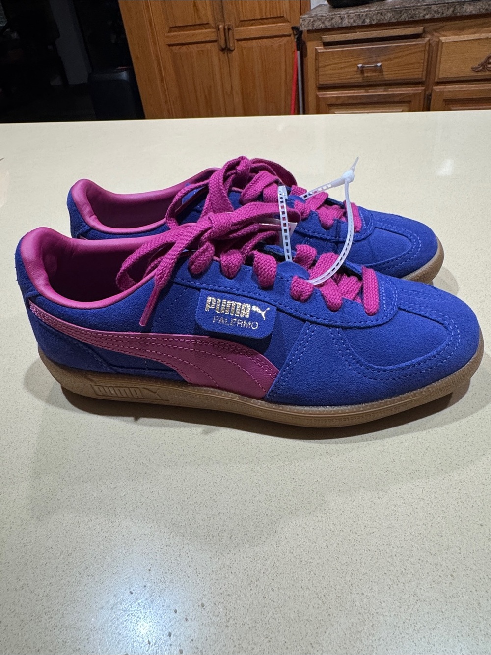 Puma Palermo Suede Sneakers in Blue and Pink with Gum Sole